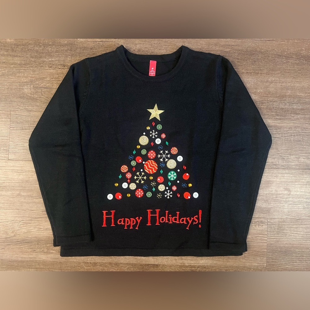Kim Rogers"Happy Holidays" Long Sleeve‎ Top Beads Buttons Embroidery L 12-14 E14